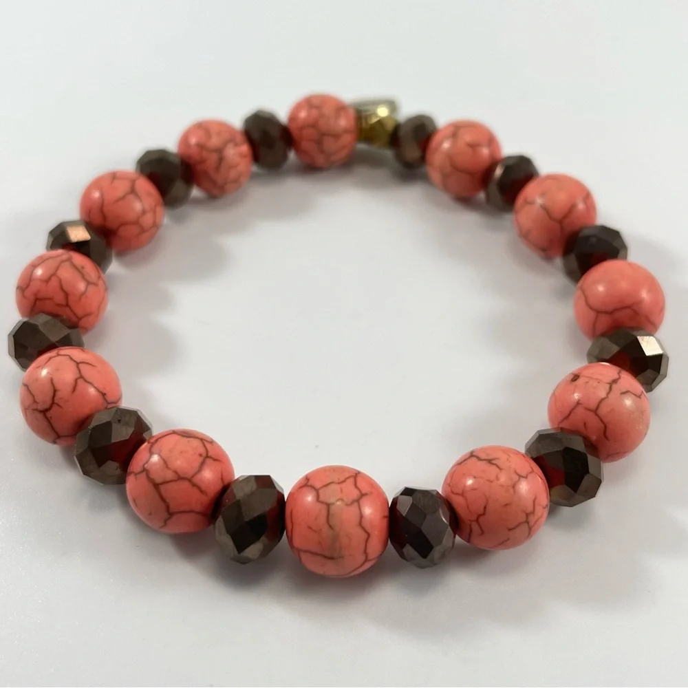 Erimish Coral Pink Crackle Round Brown Faceted Beaded Stretch Bracelet
